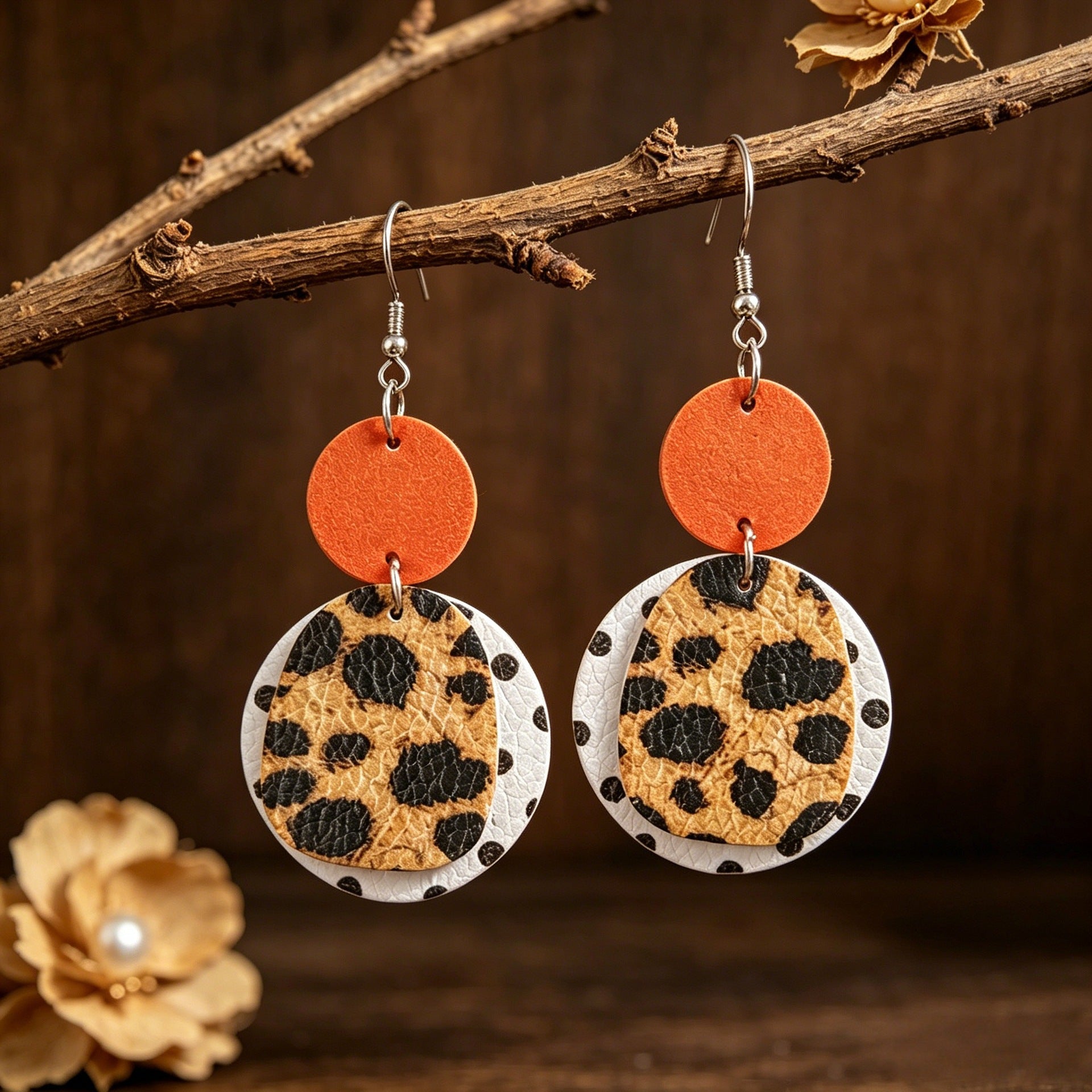 Wholesale Orange Polka Dot Leopard Print Leather Earrings Retro Style Jewelry Accessory