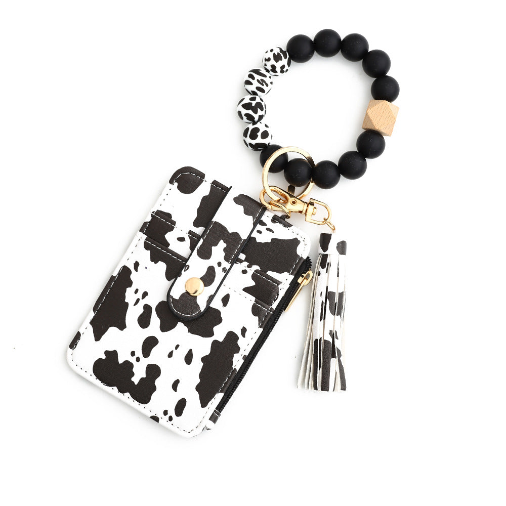 Wholesale Cow Print Leopard Print Silicone Beaded Card Holder Wrist Keychain