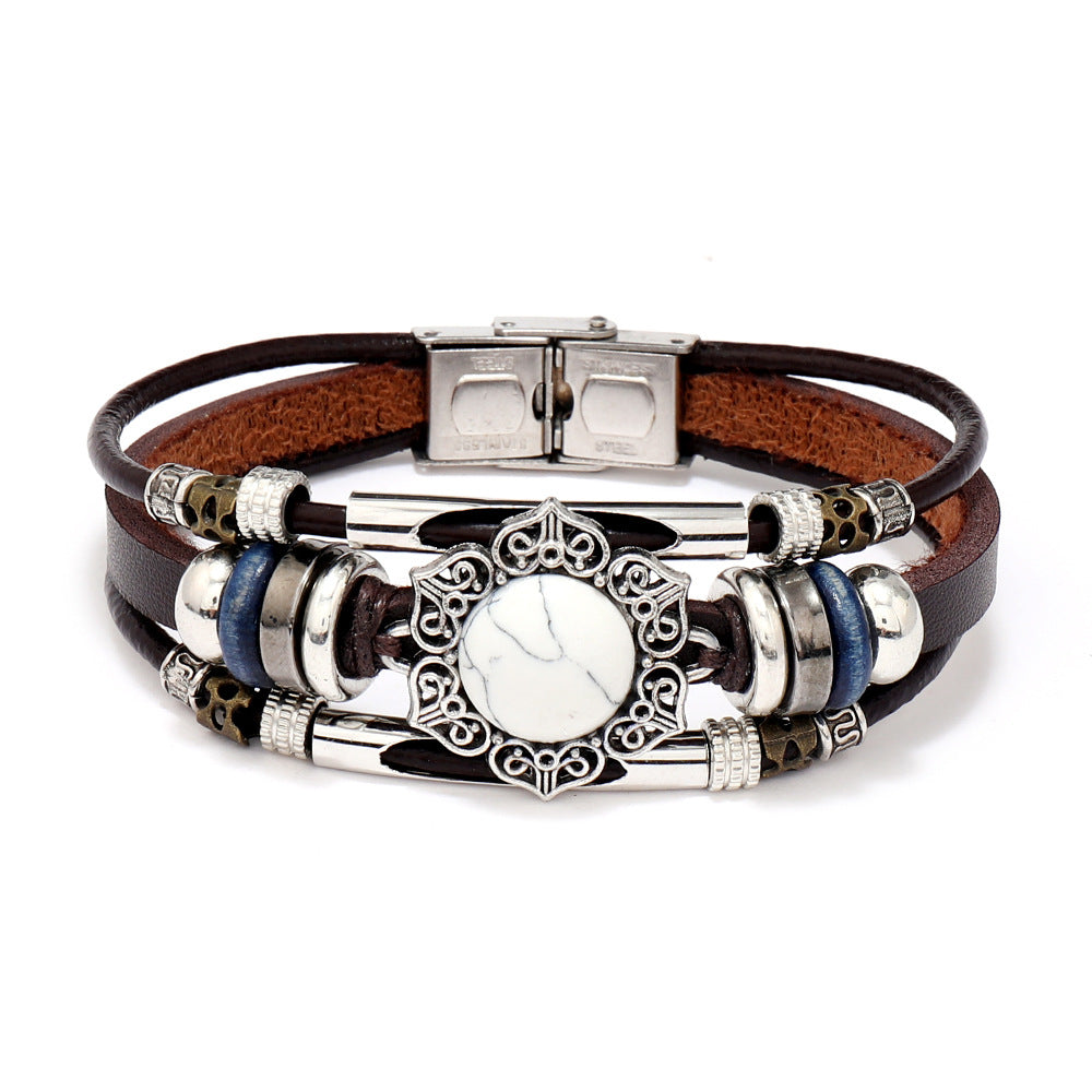 Wholesale 3PCS Leather natural stone multi-layer bracelet