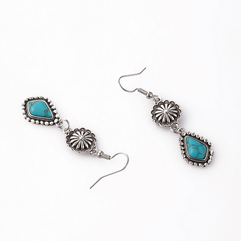 Wholesale  Bohemian vintage carved turquoise long earrings