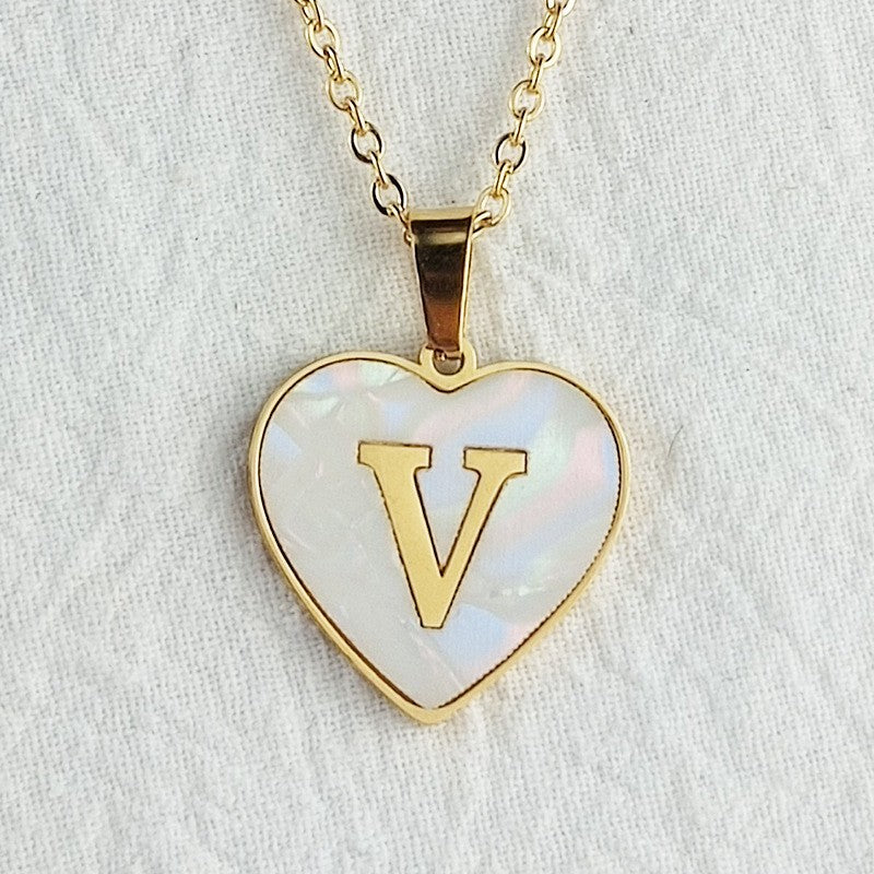 Wholesale 26 English Letters Heart Inlaid Shell Titanium Steel Necklace ACC-NE-DingChao002