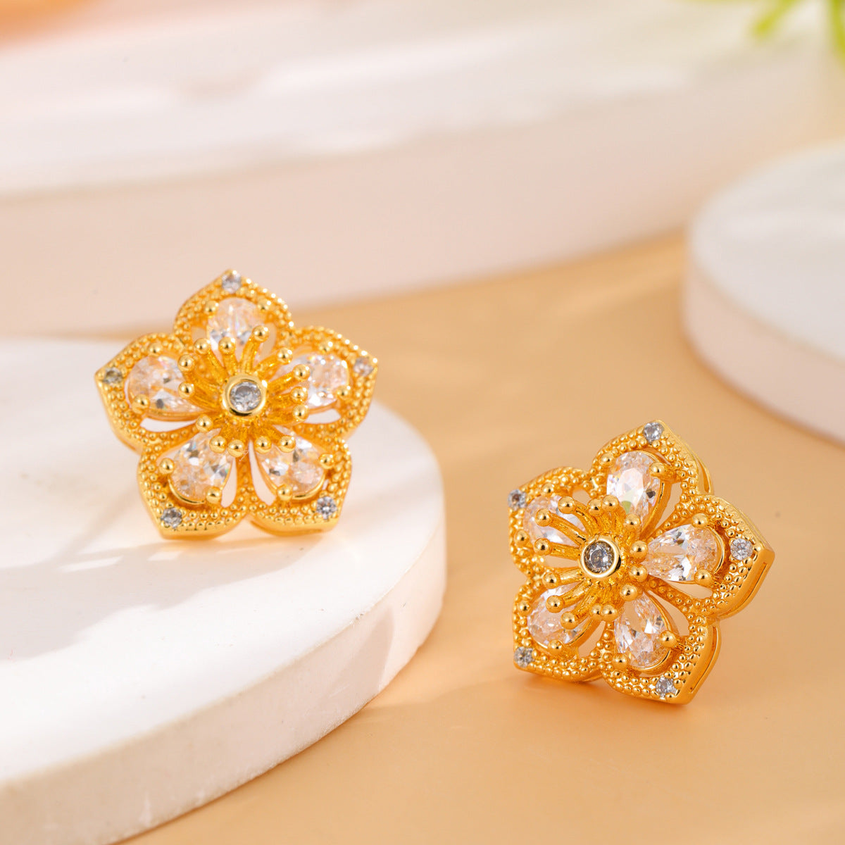 Wholesale  Stainless Steel All-match Earrings Diamond Hollow Flowers Jewelry