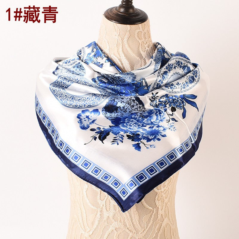 Wholesale  Blue and White Porcelain Pattern 90* 90 Satin Large Square Scarf