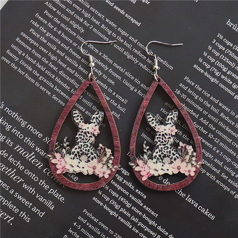 Wholesale Easter Painted Leopard Print Water Drop Hollow Wooden Earrings