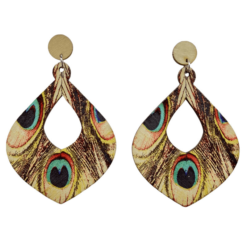 Wholesale Boho Retro Ethnic Style Peacock Feather Wooden Earrings ACC-ES-FX013
