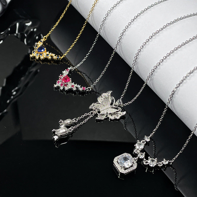 Wholesale  Light Luxury Geometric Butterfly Red and Blue Love Zircon Necklace