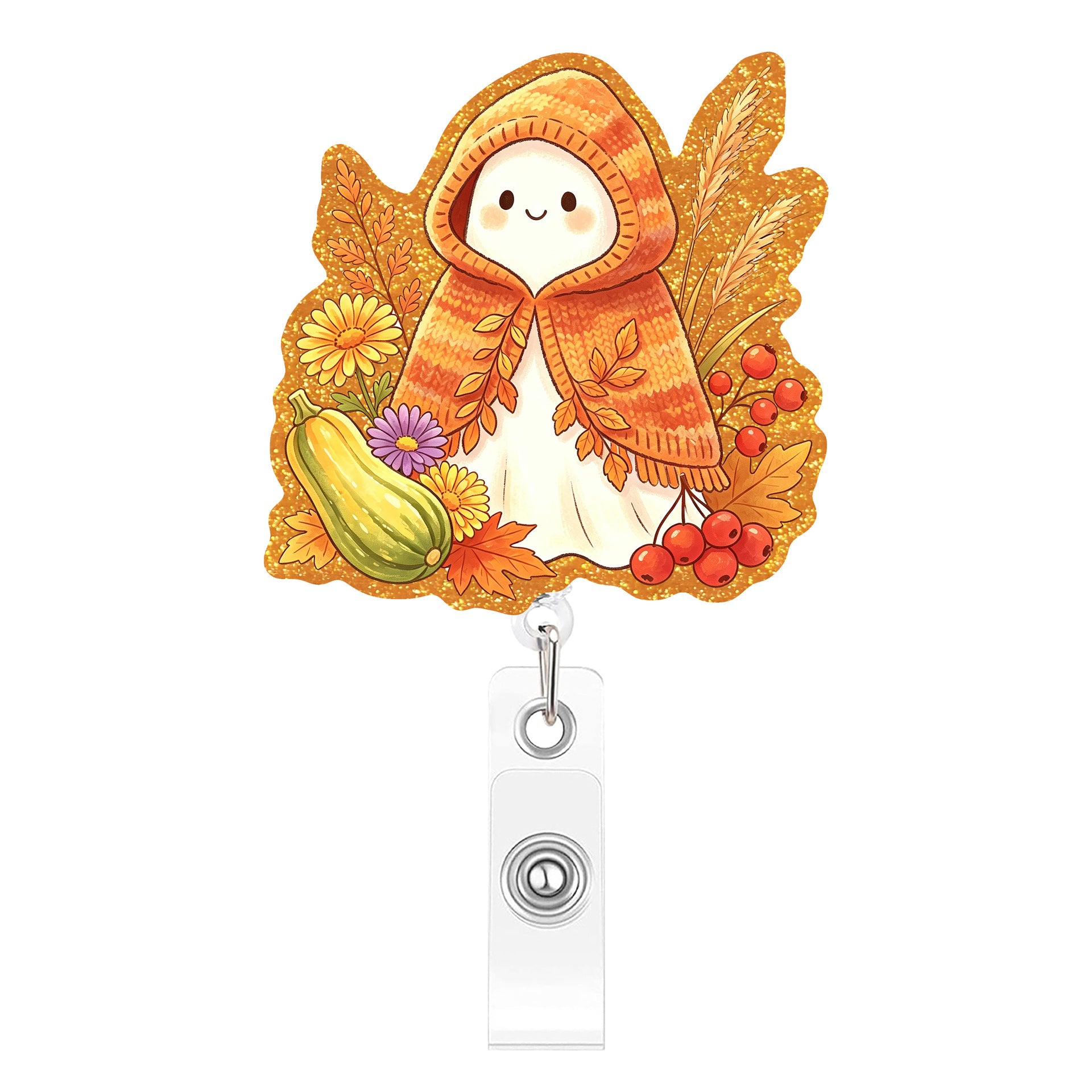 Wholesale Acrylic Gold Glitter BOO Thanksgiving Retractable Badge Reel Autumn Pumpkin Maple Leaf Design Fashion Accessory