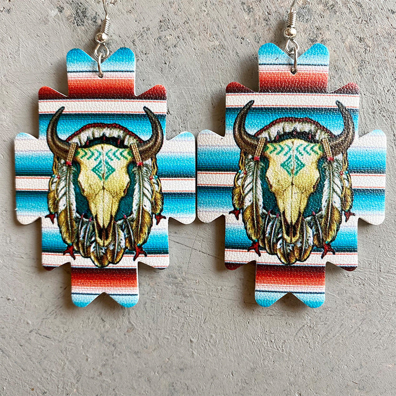 Wholesale 2 Pairs/pack Western Style Aztec Bull Head Vintage Leather Earrings ACC-ES-HY049
