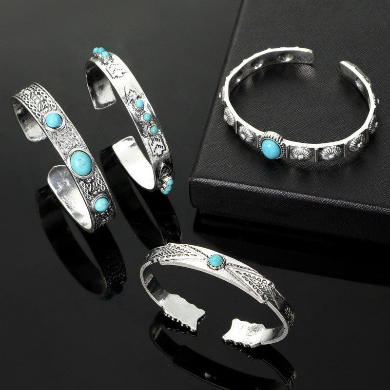 Wholesale Bohemian Vintage Open Adjustable Bracelet Set 4Pcs Alloy Turquoise Jewelry Gift Fashion Accessory