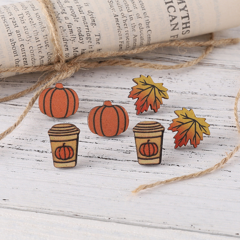 Wholesale  Harvest Pumpkin Coffee Cup Maple Leaf Earrings Set