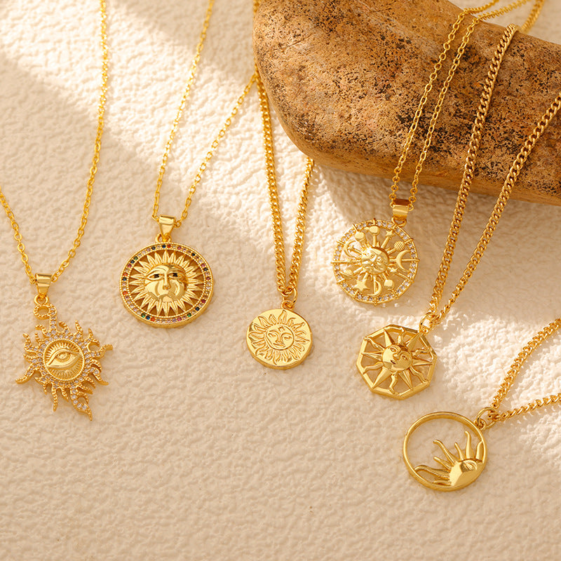 Wholesale Stainless steel  Sun Pendant Sun Star Hollow Color Zirconium Tarot Niche Fashion Necklace