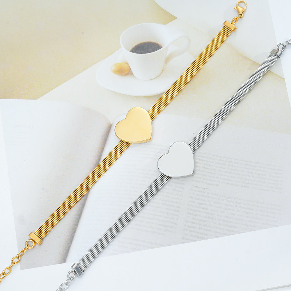 Wholesale Titanium Steel Heart Shape Gold Mesh Bracelet Travel Commemoration Gift Women' s Jewelry Accessory