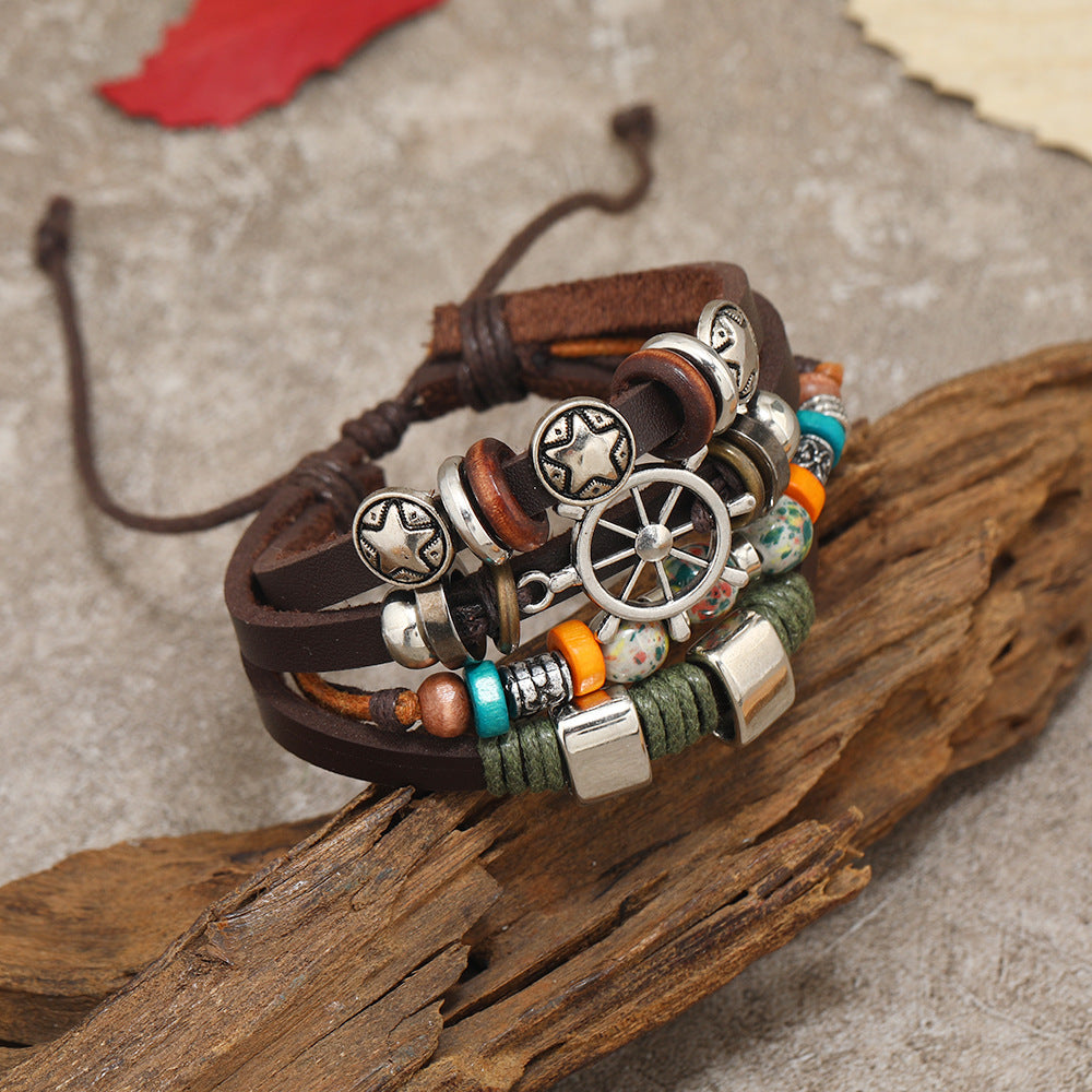 Wholesale 2PCS Leather Ethnic Style Multi-Layer Bracelet
