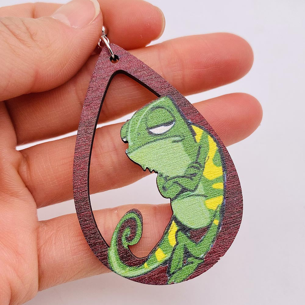 Wholesale wooden  cartoon frog chameleon water drop hollow earrings