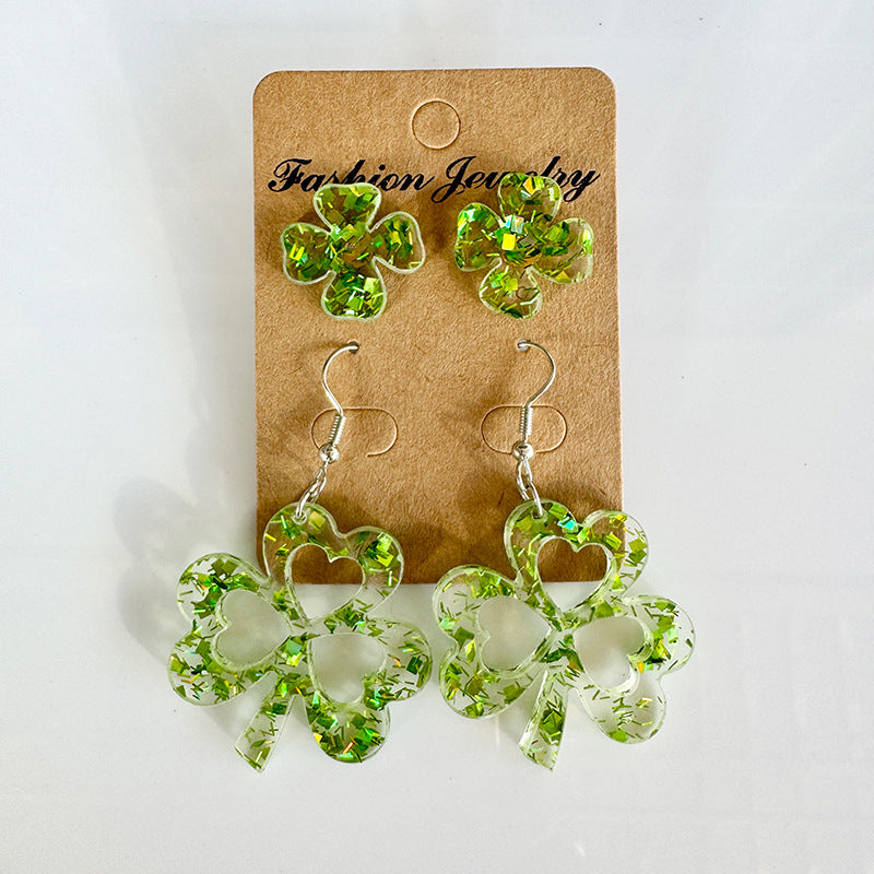 Wholesale Acrylic St.  Patrick' s Day Four-Leaf Clover and Three-Leaf Clover Earring Set