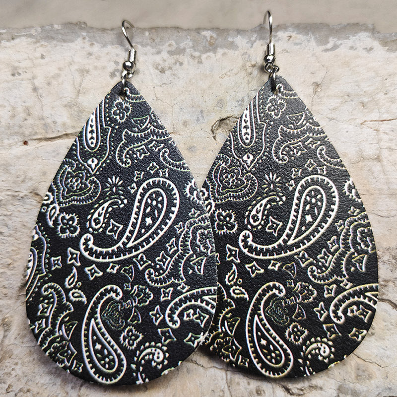 Wholesale 2 Pairs/pack Western Style Cow Sunflower Leopard Print Cross Drop-shaped Leather Earrings ACC-ES-HY054