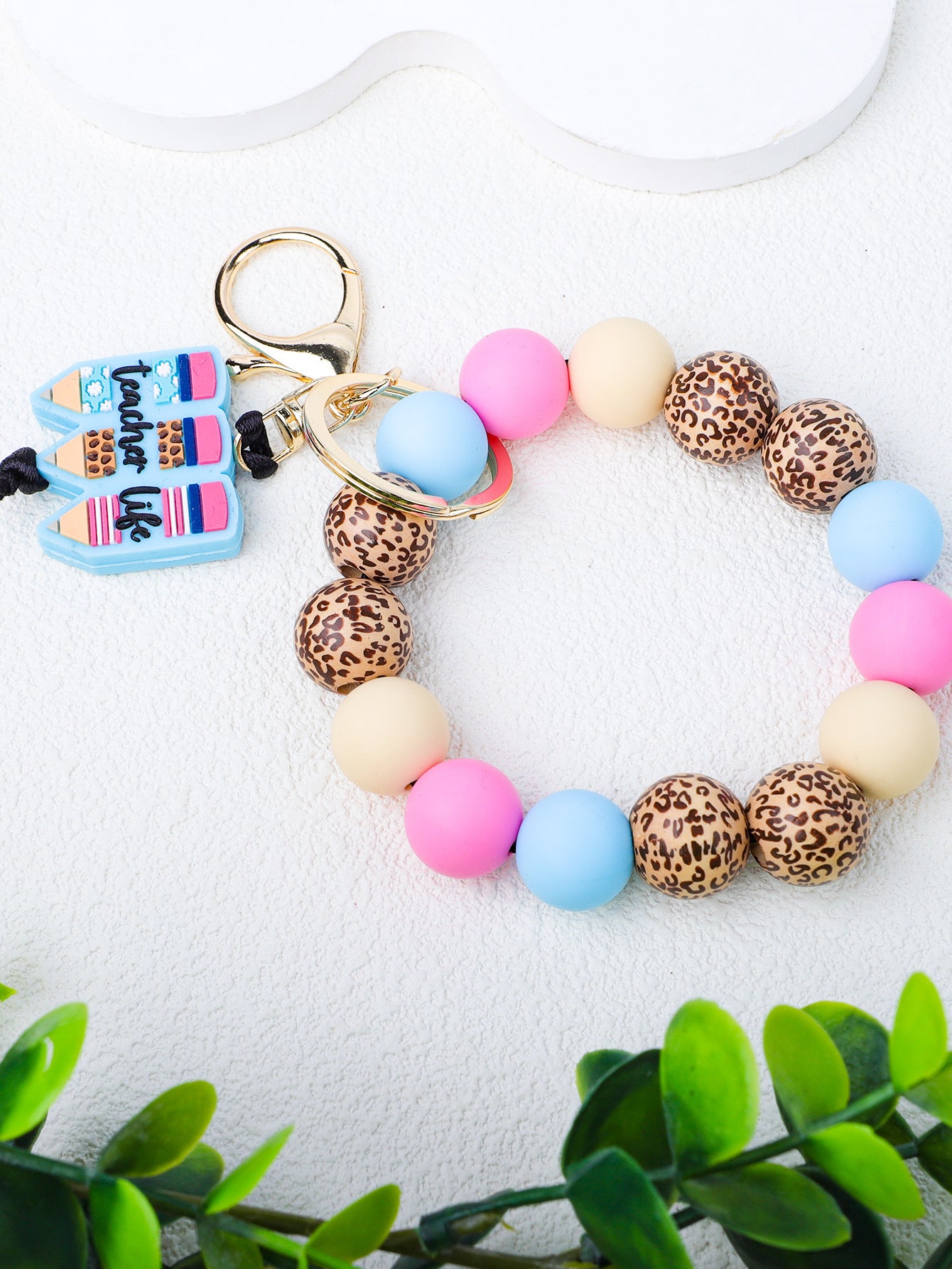 Wholesale Teacher's Day Pencil Silicone Leopard Wood Beads Beaded Keychain ACC-KC-JiuYa009
