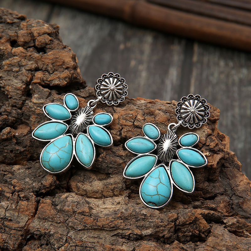 Wholesale Bohemian flower water drop turquoise earrings