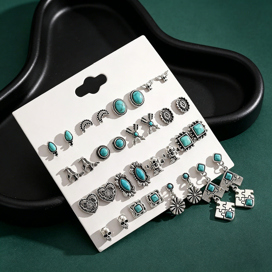 Wholesale Retro Inlaid Imitation Turquoise Earring Set Zinc Alloy Electroplated Fashion Accessory