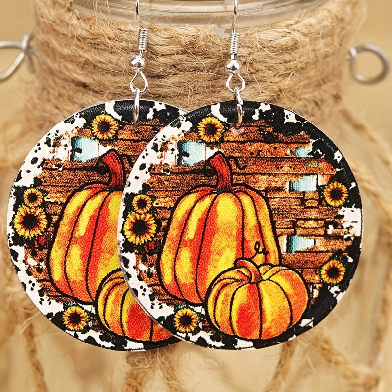 Wholesale Thanksgiving Round Summer Pumpkin Maple Leaf Leopard Print Striped  Women's Leather Earrings