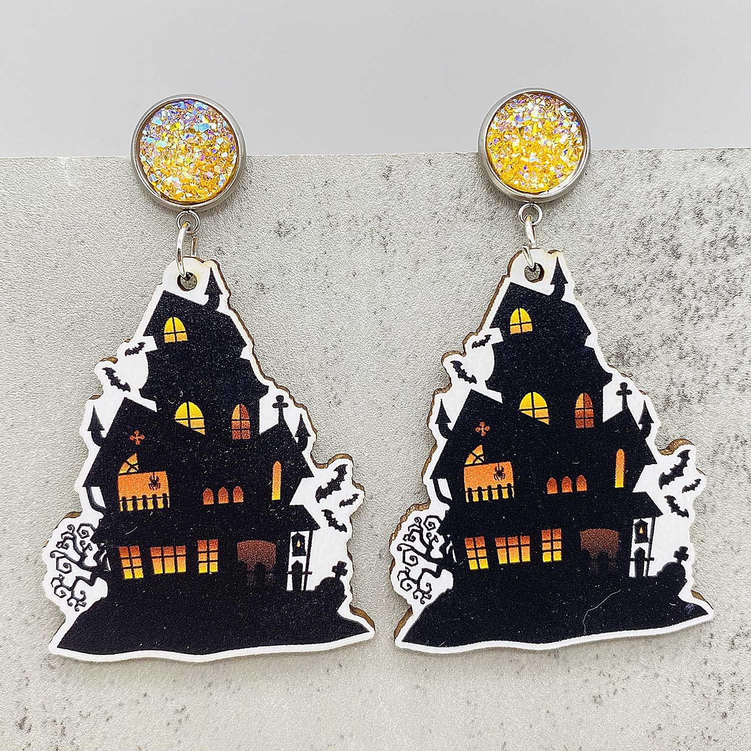 Wholesale Halloween Horror Pumpkin Castle Wood Earrings ACC-ES-ChenY026