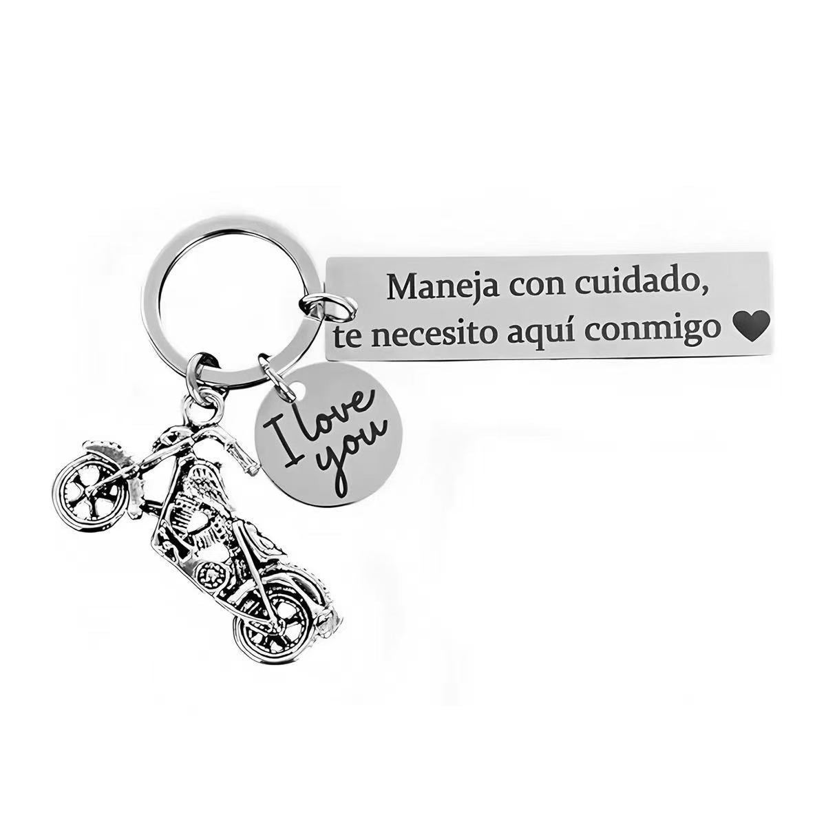 Wholesale Stainless Steel Engraved Motorcycle Keychain Couple Car Hanging Gift With Spanish Love Message