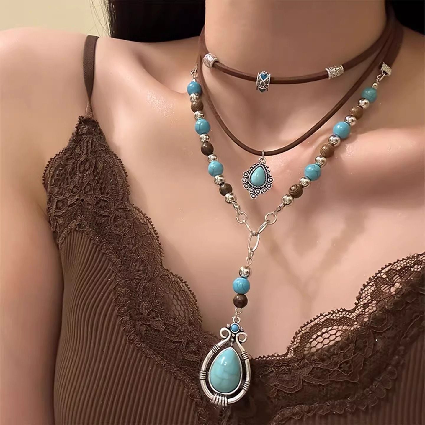 Wholesale Pine Stone Turquoise Color Beaded Necklace Bohemian Ethnic Women' s Fashion Accessory
