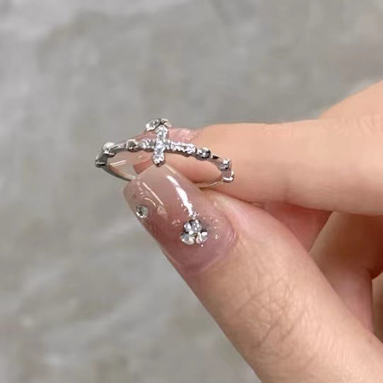 Wholesale Trendy Zircon Cross Open Ring Minimalist Asymmetric Pinky Ring Fashion Jewelry Accessory Gift For Everyday Wear