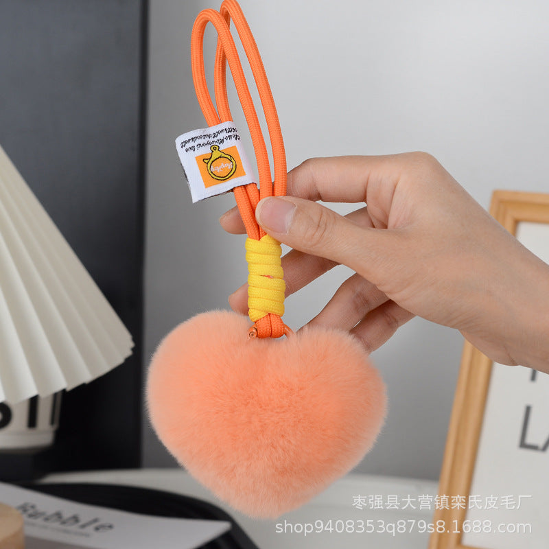 Wholesale Cute Real Rex Rabbit Hair Love Hand Rope wristlet keychain