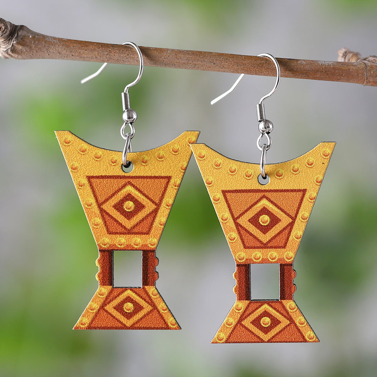Wholesale Retro Girls Lantern Blue Oil Lamp Wooden Double Sided Earrings ACC-ES-ChuLian006
