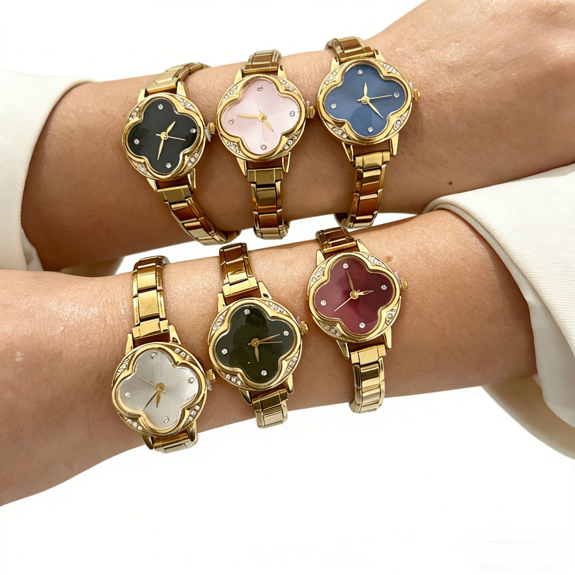 Wholesale Trendy Women' s Casual Quartz Watch with Ruby Four-Leaf Clover Diamond Design,  DIY Accessory for Resale