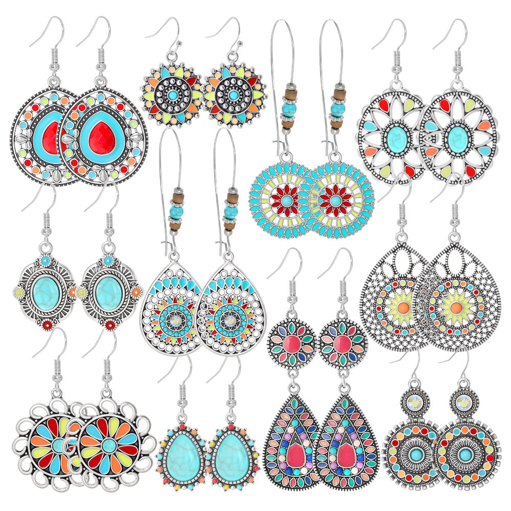 Wholesale Alloy Retro Ethnic Turquoise Bohemian Geometric Oil Drip Earrings Jewelry Accessory