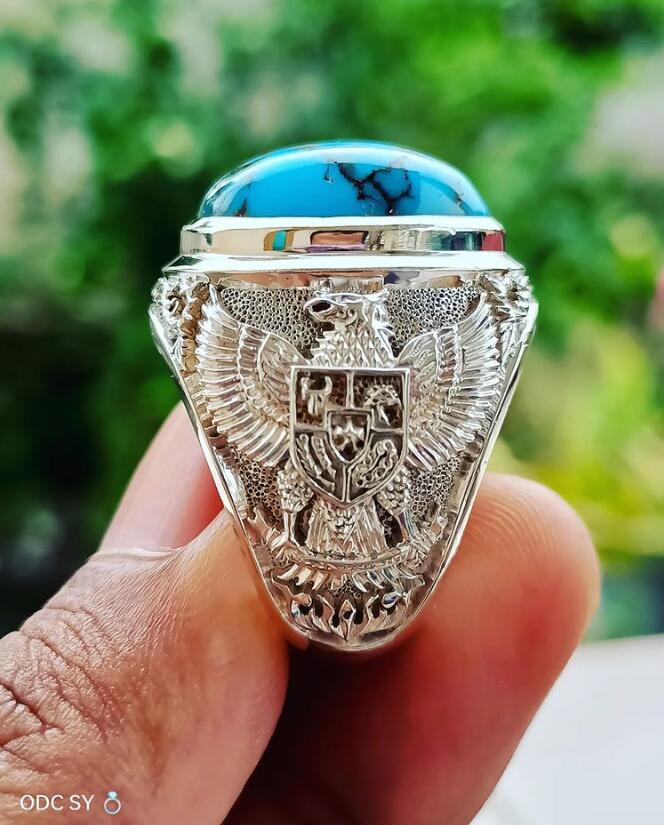 Wholesale alloy silver-plated turquoise retro double-headed eagle ring