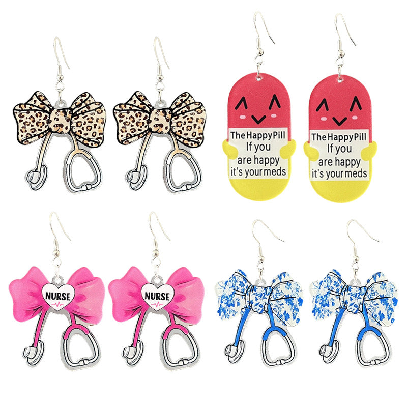 Wholesale 2pcs/ pack Acrylic Nurse Stethoscope Bow Pill Earrings