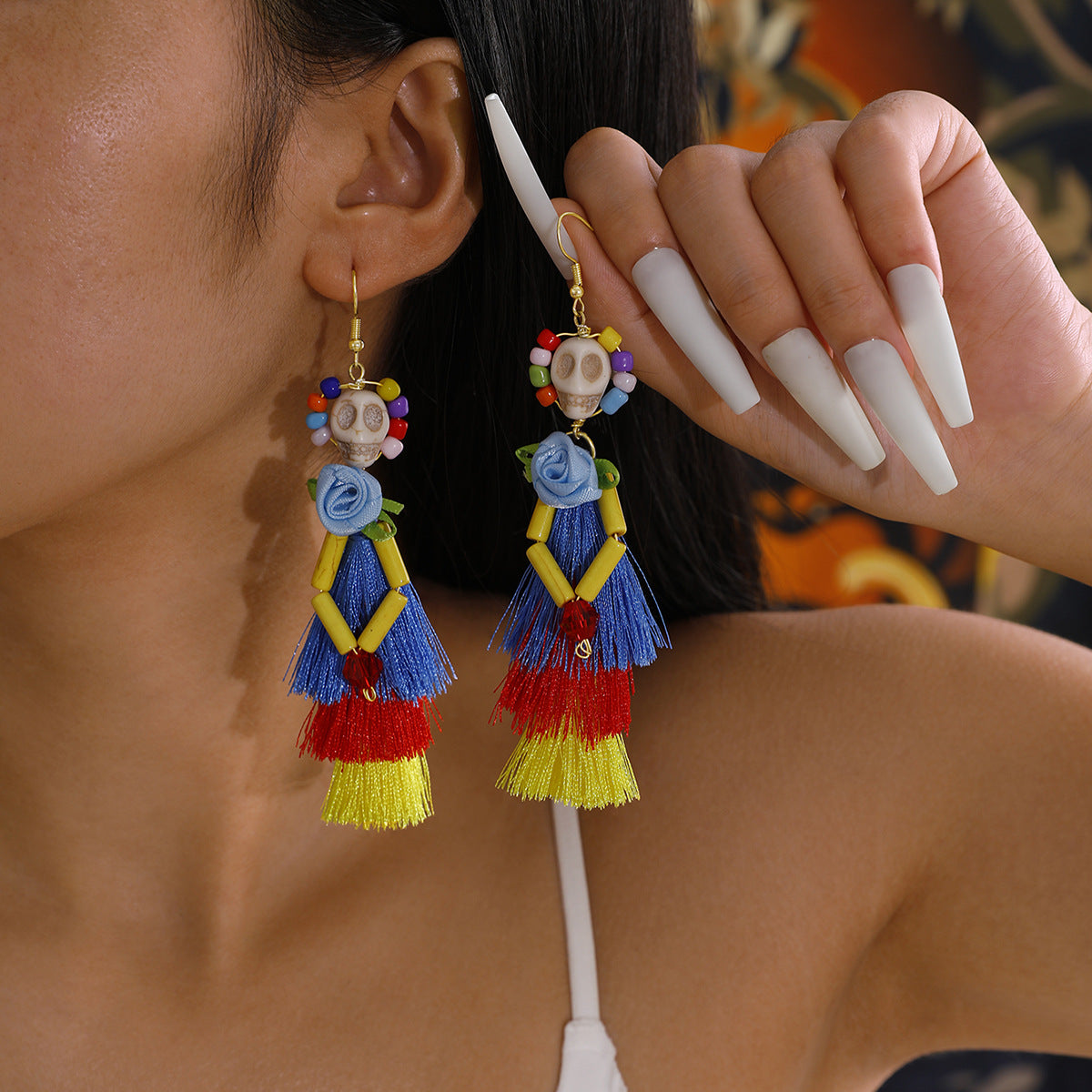 Wholesale   funny  skull tassel rice beads earrings