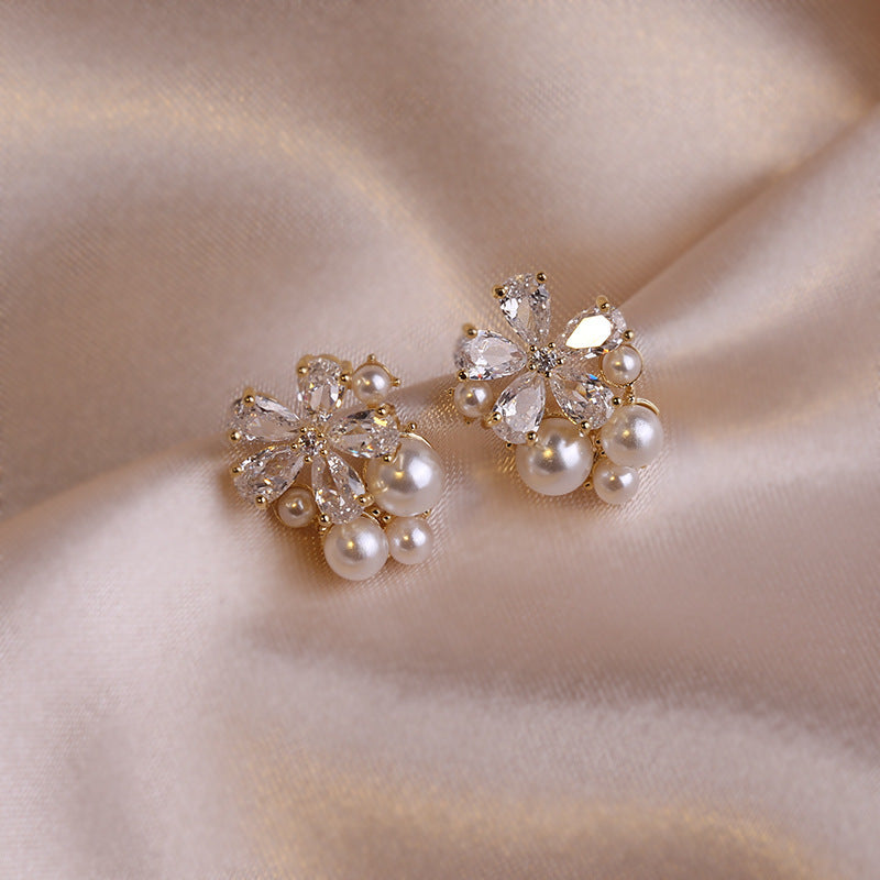 Wholesale S925 silver needle earrings fashion flower zircon Pearl Crystal ear studs earrings