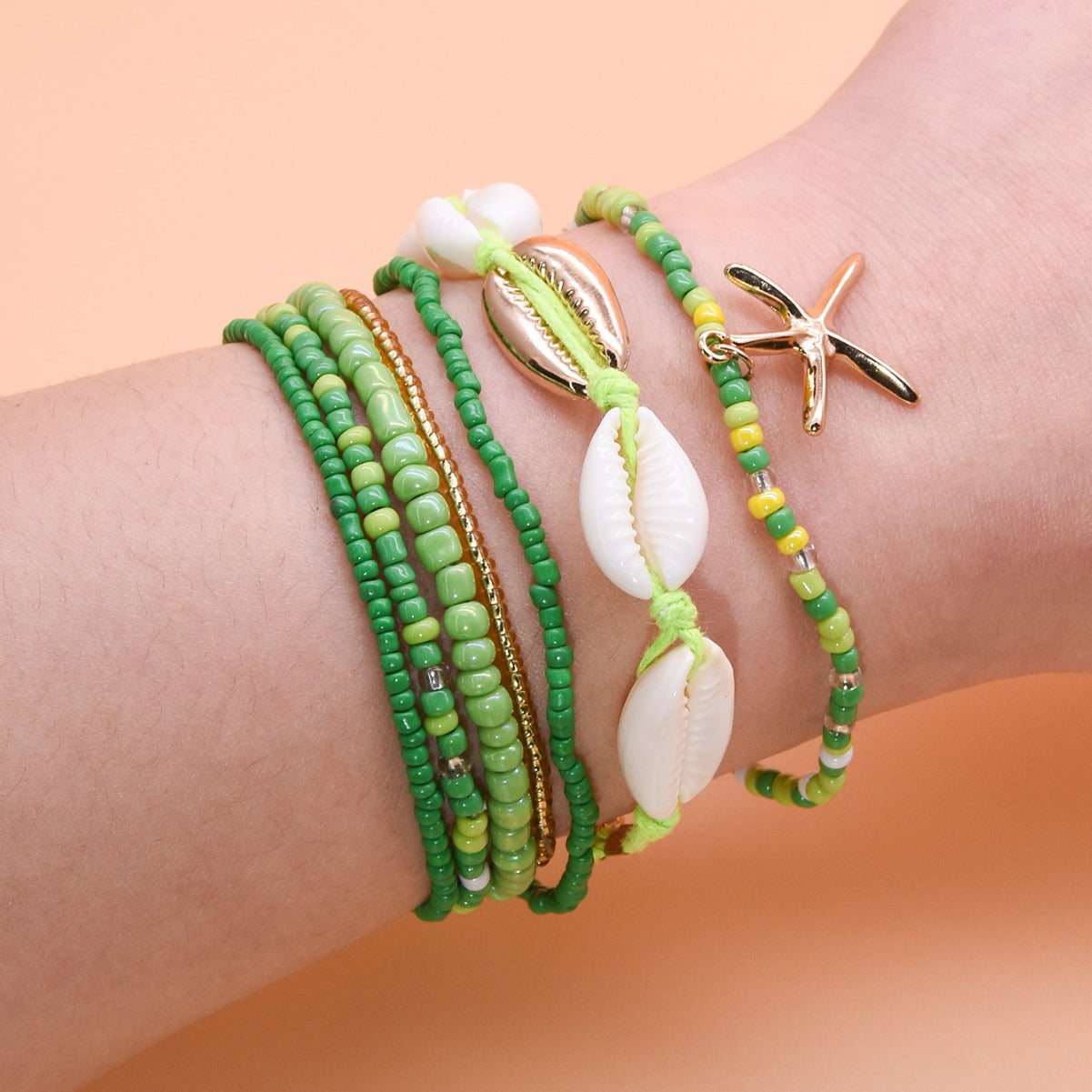 Wholesale Bohemian Beach Style Bracelet Set Summer Dopamine Starfish Rice Beads Shell Bracelet Six-piece Set ACC-BT-Yeb003