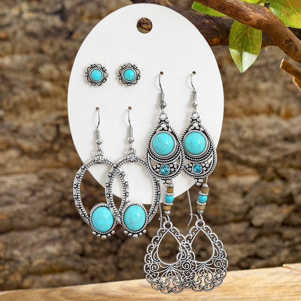 Wholesale Turquoise Tassel Earrings Set - Bohemian Ethnic Style