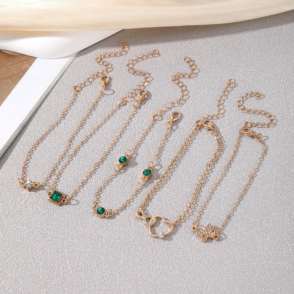 Wholesale Butterfly Heart Retro Green Diamond Square Bracelet 4-Piece Set