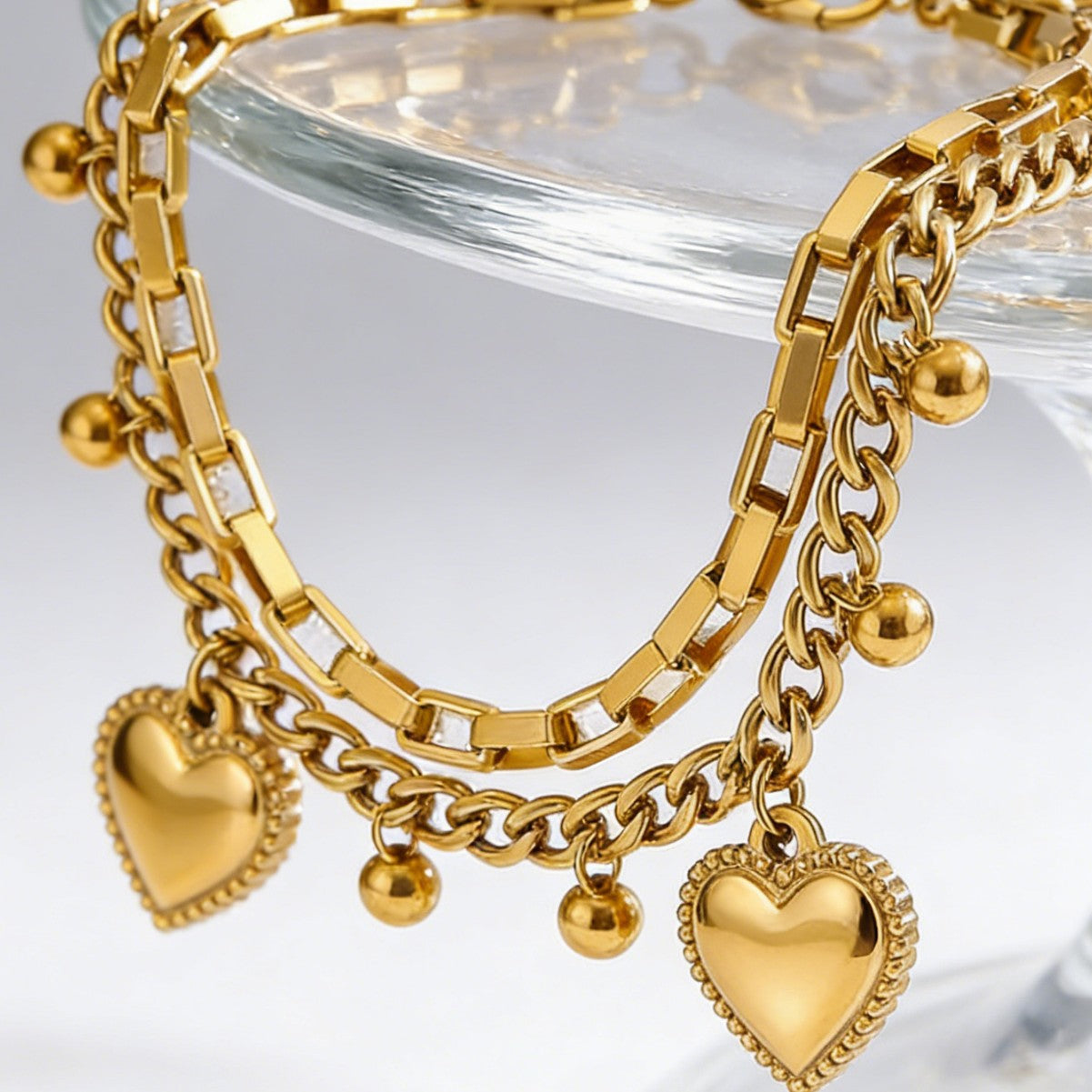 Wholesale Stainless Steel Electroplated Heart Double Layer Bracelet Women' s Fashion Accessory