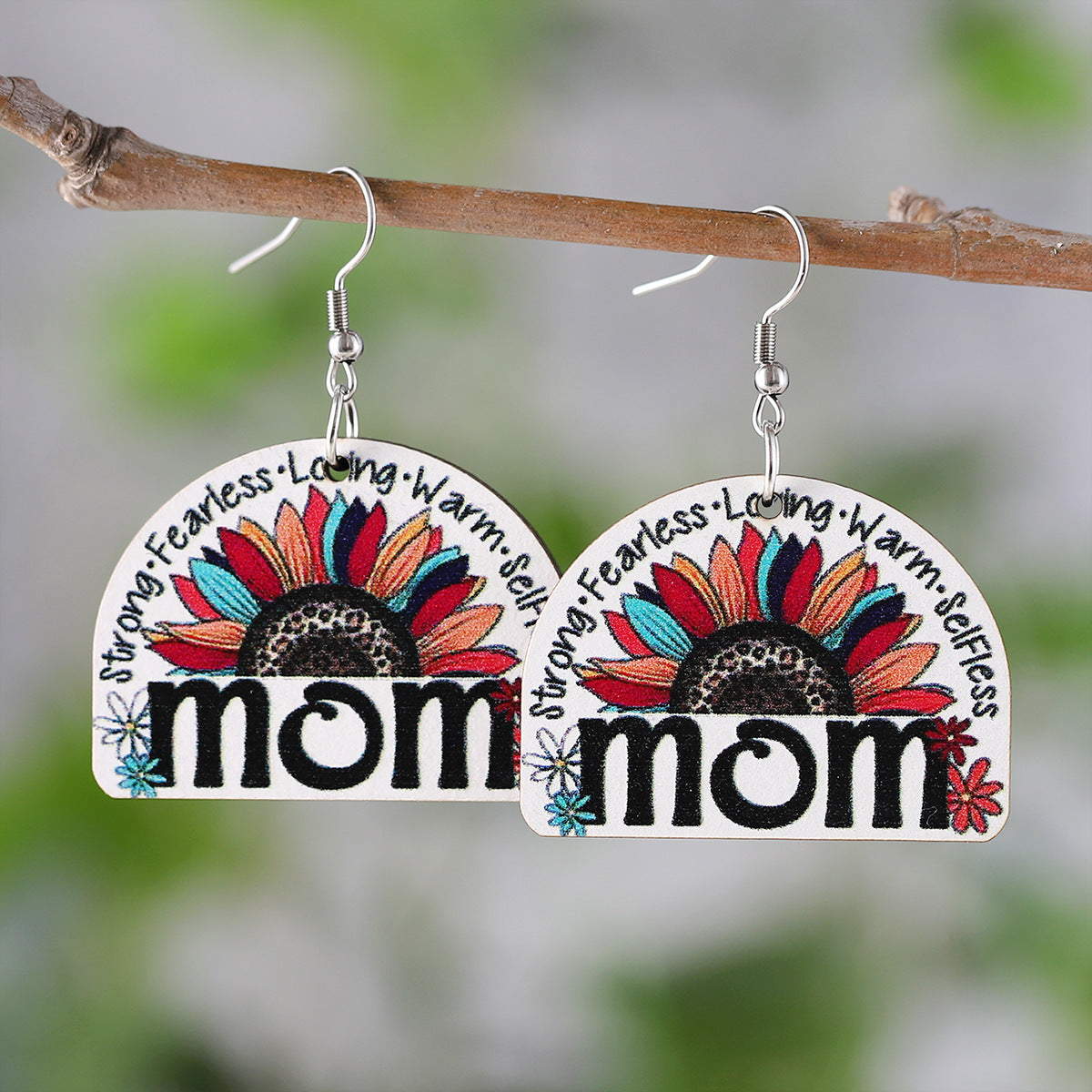 Wholesale Mother's Day MAMA MOM Leopard Sunflower Rainbow Hollow Pendant Wood Earrings ACC-ES-ChuLian094