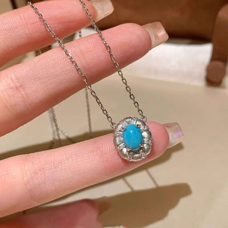 Wholesale French Retro Brushed Oval Turquoise Necklace Copper Inlay - Boutique Resale
