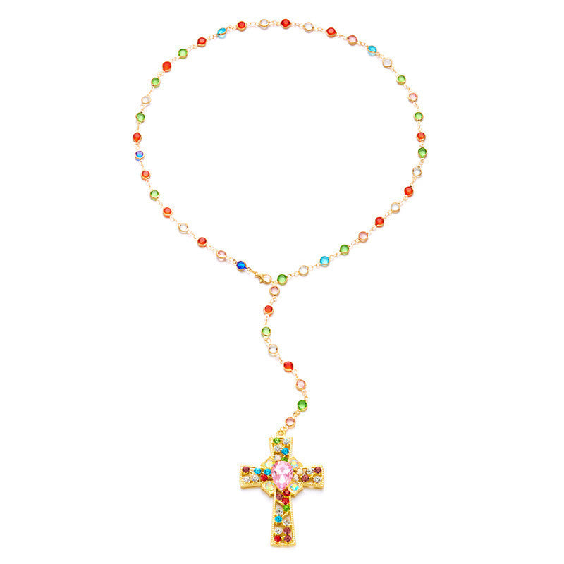 Wholesale  Colorful Diamond-Encrusted Beaded Cross Pendant Necklace