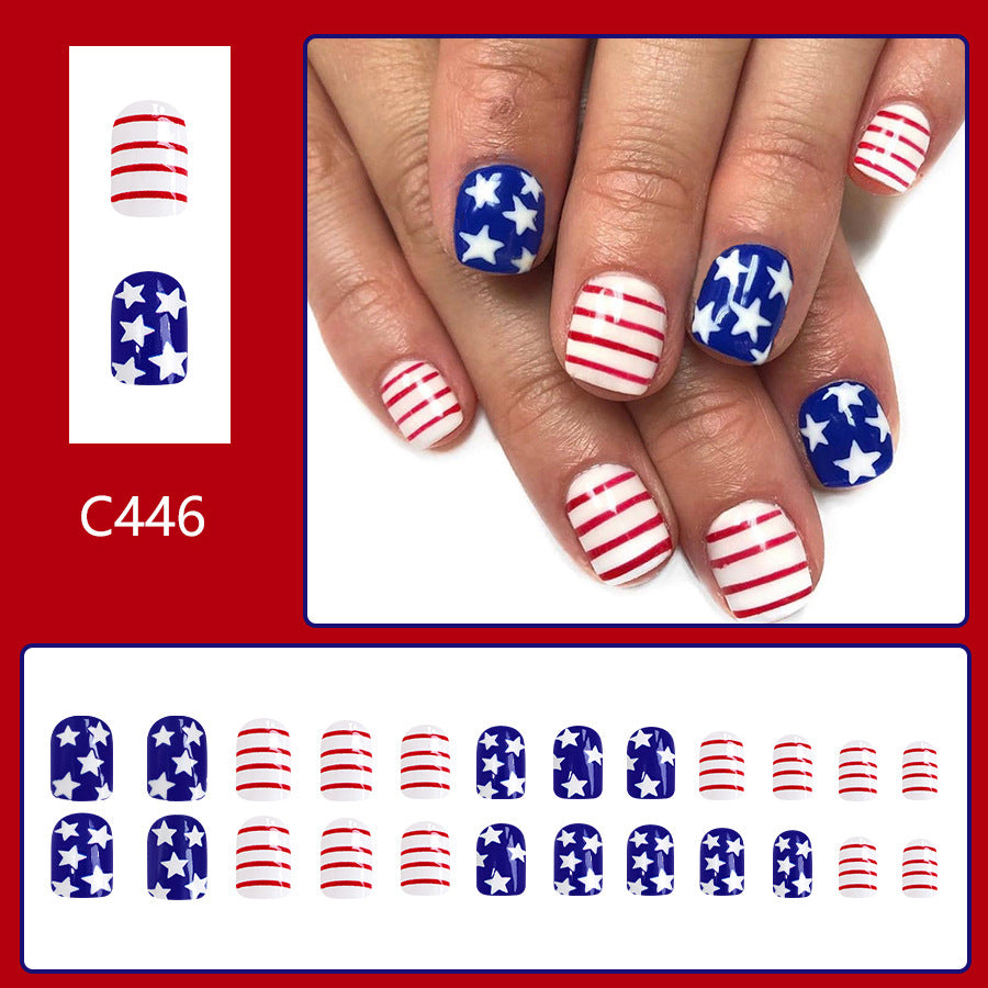 Wholesale 24 Pieces/box American Independence Day Short Striped Five-pointed Star Manicure Press-on Nails Kits Nail Stickers ACC-NS-GuaiXL037