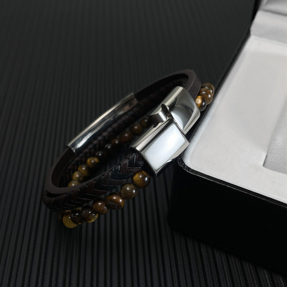 Wholesale Tiger Eye Beaded Stone Bracelet Men's Personality Retro Multi-layer Woven  Leather Bracelet