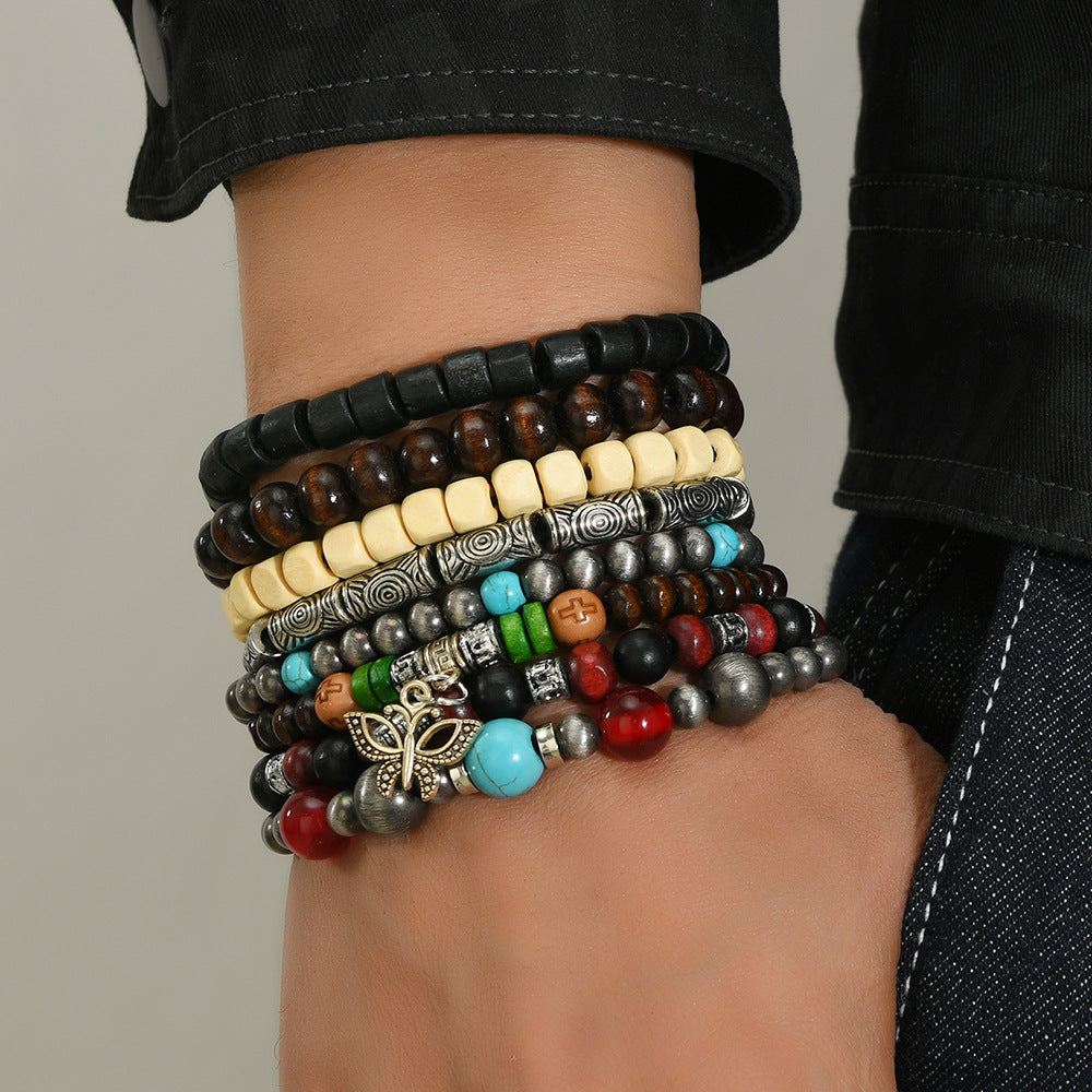 Wholesale Wooden 8-piece set turquoise beaded bracelet