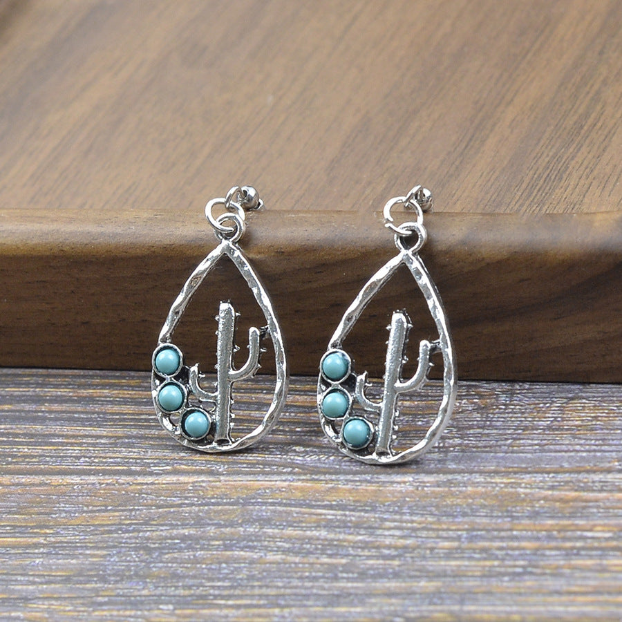 Wholesale Retro Bohemian Turquoise Cactus Drop Earrings Zinc Alloy Jewelry Accessory