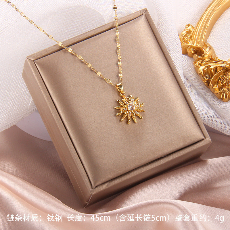 Wholesale Zircon Rotating Four Leaf Clover Flower Pendant Titanium Steel Necklace ACC-NE-Rongc006