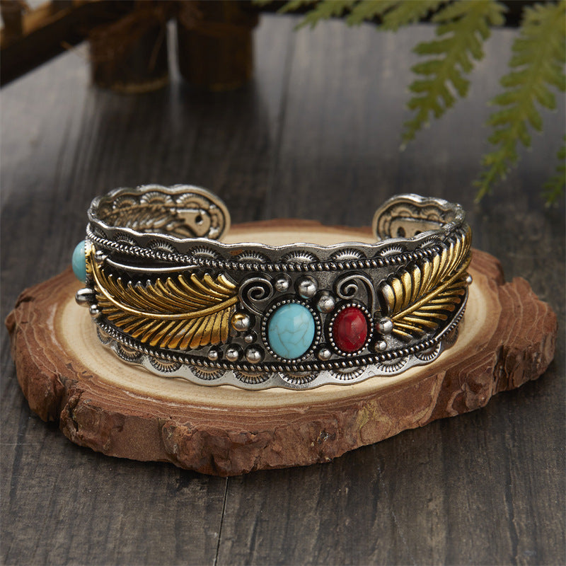 Wholesale oval turquoise bracelet  retro two-color leaf bracelet