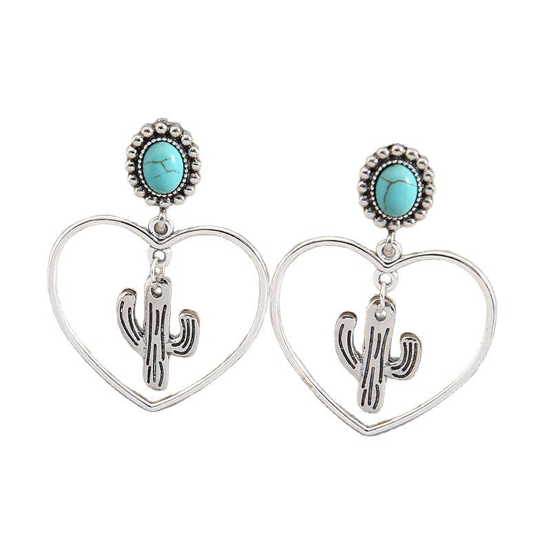 Wholesale Retro Heart Cactus Turquoise Earrings - Trendy Fashion Accessory for Gift or Boutique Resale